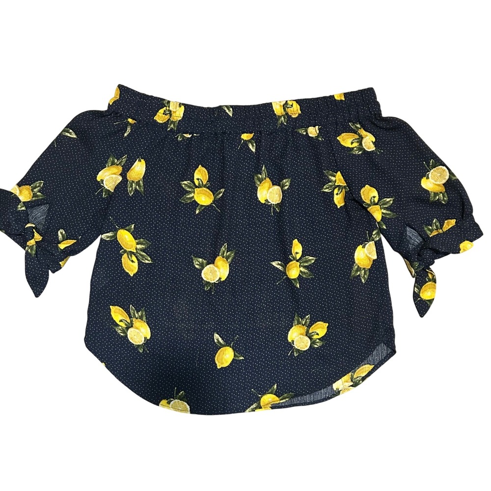 MINE Womens Navy Blue Lemon Print Off The Shoulder Tie Sleeve Blouse Large